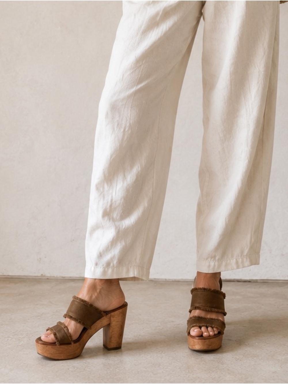 10 Crosby Derek Lam Platform Mule Sandals 7M Brown Fringe Wood Heel Boho Granola - Picture 10 of 10